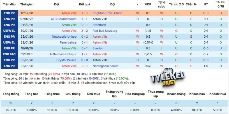 Hiệu suất thi đấu Aston Villa gần đây