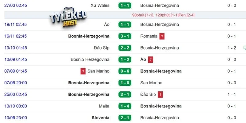 Phong độ của Bosnia-Herzegovina 