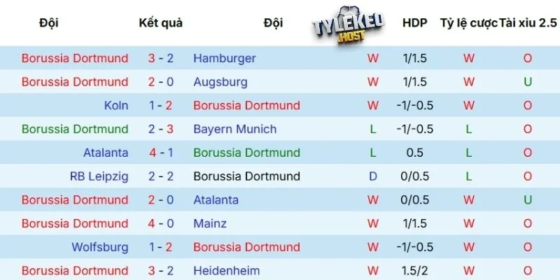 Thống kê thành tích ra sân của Dortmund
